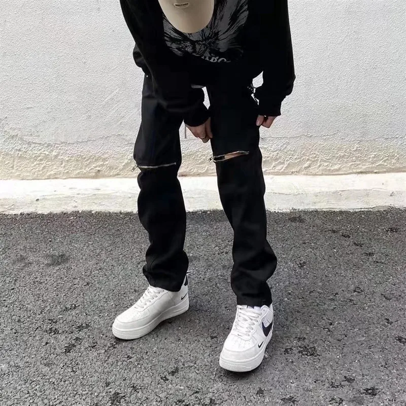 2022 Vibe Style Knee Zipper Hip Hop Men Slim Jeans Trousers Dark Streetwear Simple Design Y2K Casual Long Pants Goth Moda Hombre