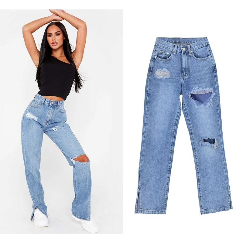 Street hipsters with holes and splits plus size women's jeans, flared pants and ripped jeans slouchy jeans