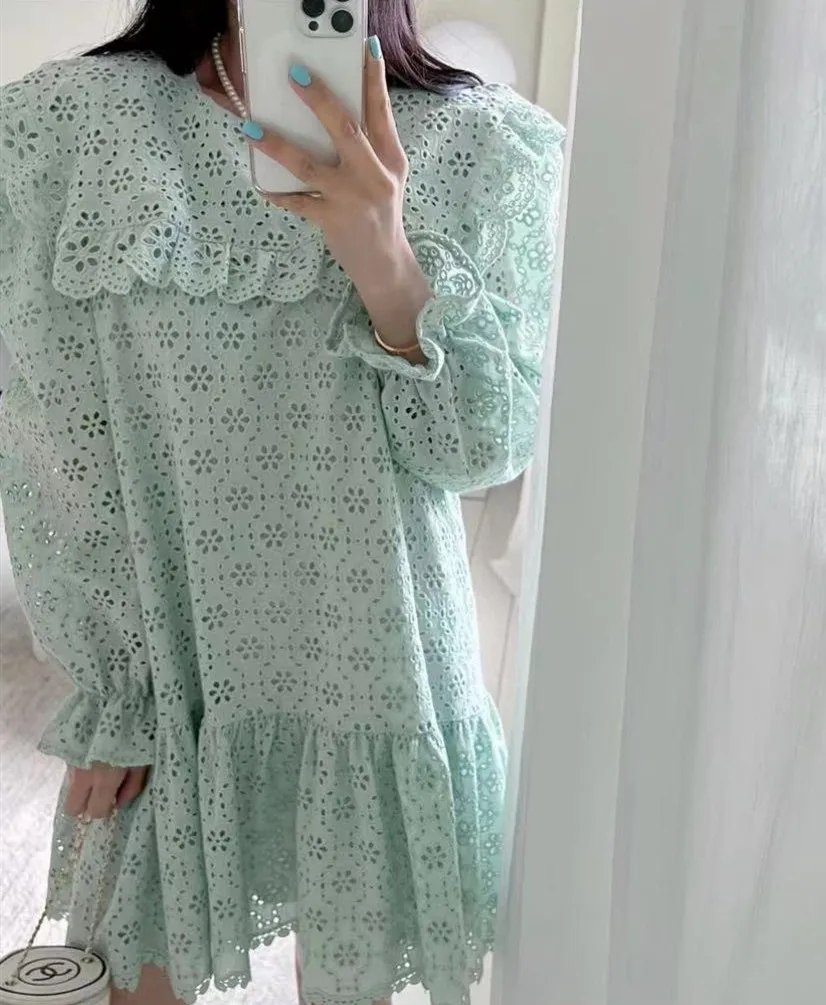 

Женское кружевное платье во французском стиле, мягкое и милое ажурное платье с рюшами и вязаным крючком, платье с длинными рукавами для весн...