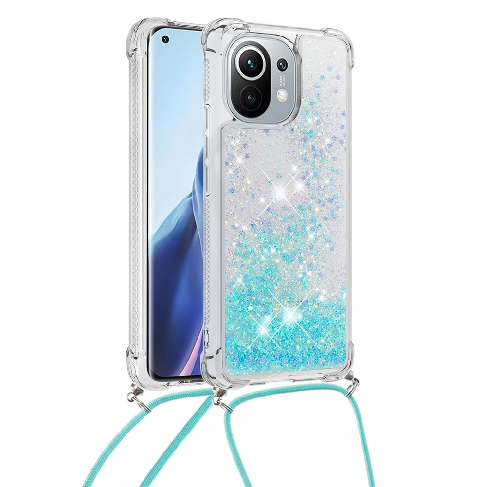 

Necklace Case for Xiaomi 11i 11 11T 10T 9T Note 10 Lite Poco M4 M3 X3 NFC Pro Liquid Glitter Bumper Soft Silicone Lanyard Cover