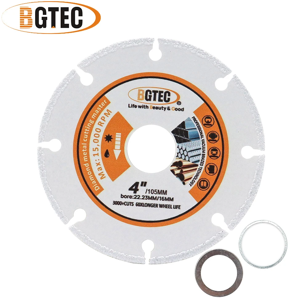 

BGTEC 1pc 4"/Dia105mm Diamond Cutting Metal Disc Rebar Stainless Steel Pipe Copper Cutter Vacuum Brazed Saw Blade Bore22.23mm