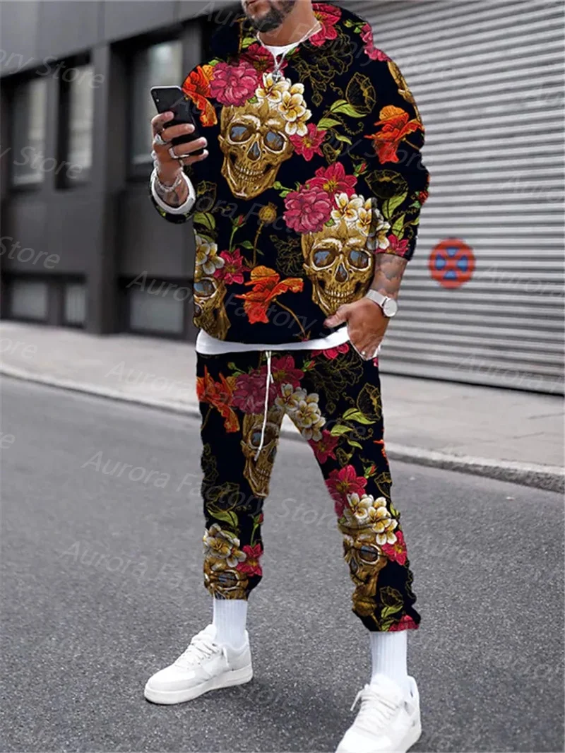 Men's 2 Piece Hoodie Set Flowers Skeleton Print Tracksuit Vintage Outfit Casual Stylish Suit Comfortable Daily Clothing With Hat