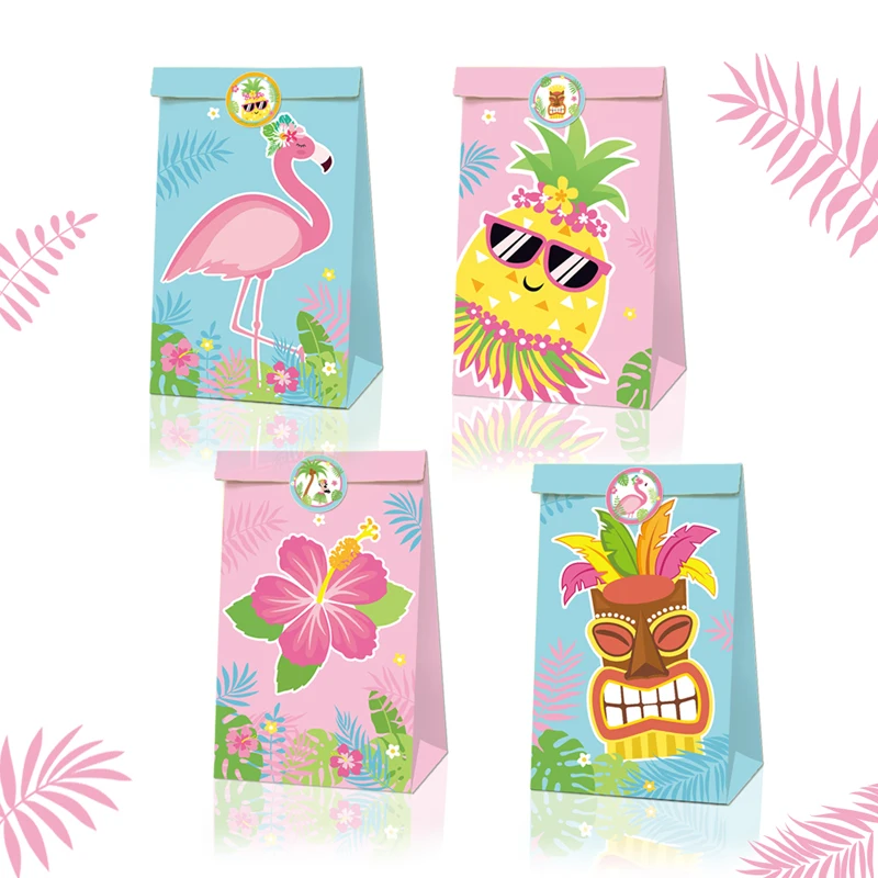 

12pcs Gift Bags Flamingo Hawaiian Party Decoration Candy Biscuit Bags Box Hawaii Tropical Wedding Birthday Luau Party Decor