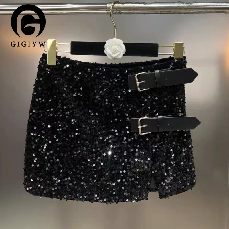 

GIGIYW 2023 Gradual Color Sequins PU Metal Buckle Split Sweet Girl Short Women 2023 Spring New Arrive