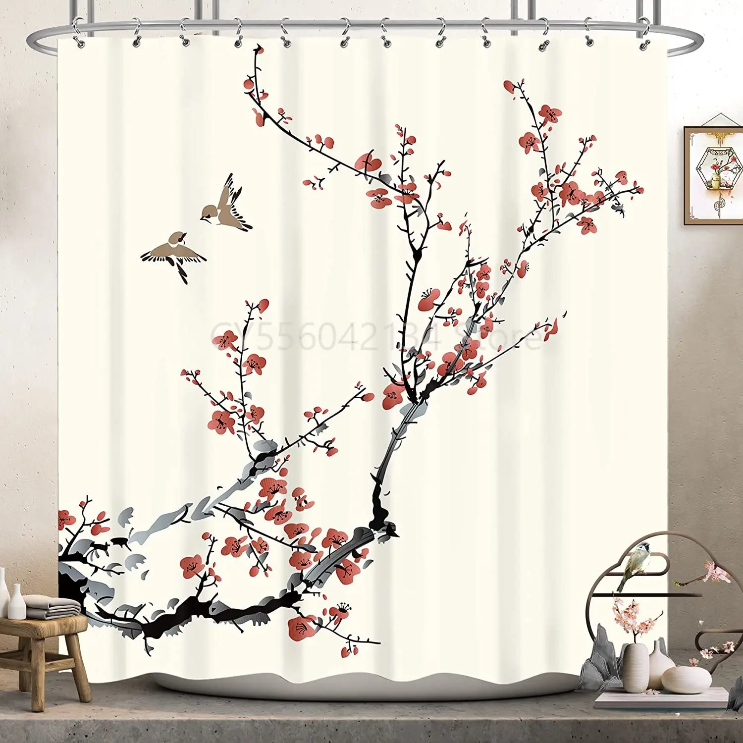 

Cherry Blossom Shower Curtain Floral Sakura Pink Plum Buds Asian Style Fabric Polyester Waterproof Fabric with Hooks Home Decor