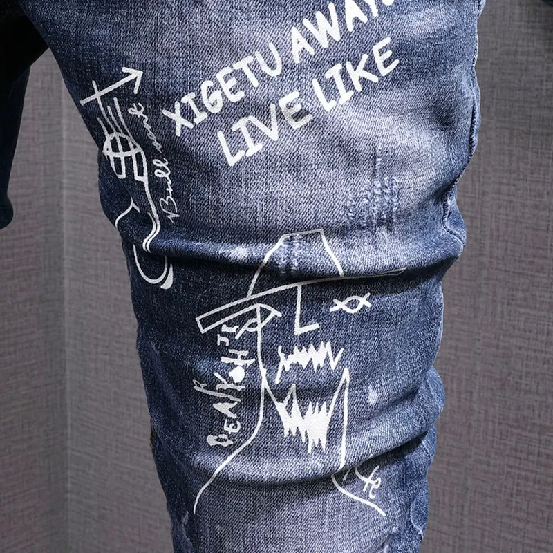 Streetwear Fashion Men Jeans Retro Blue Stretch Slim Fit Printed Designer Ripped Jeans Men Vintage Patched Hip Hop Pants Hombre