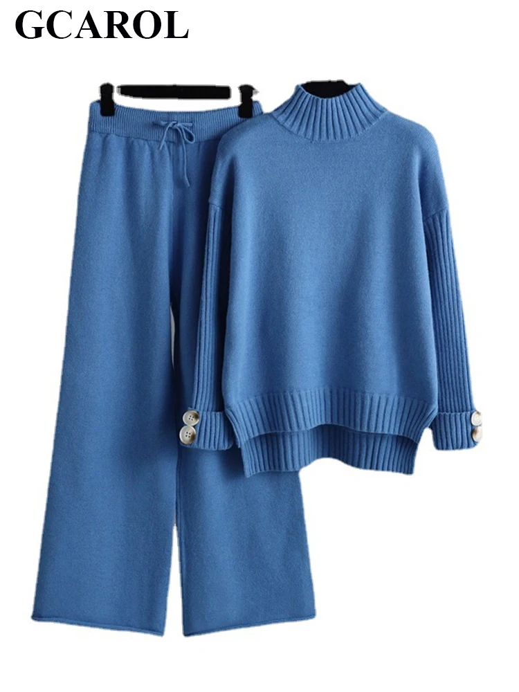 GCAROL Autumn Winter Women 2 Pcs Sets Half High Collar Sweater Wide Leg Pants Asymmetric 2 Buttons Rib Knit Cuff Jumper Trousers