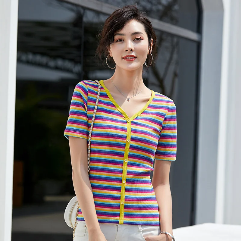 

2022 spring and summer women's short sleeve yellow stripe T-shirt Korean fashion knitted stripe slim women's T-shirt 6719