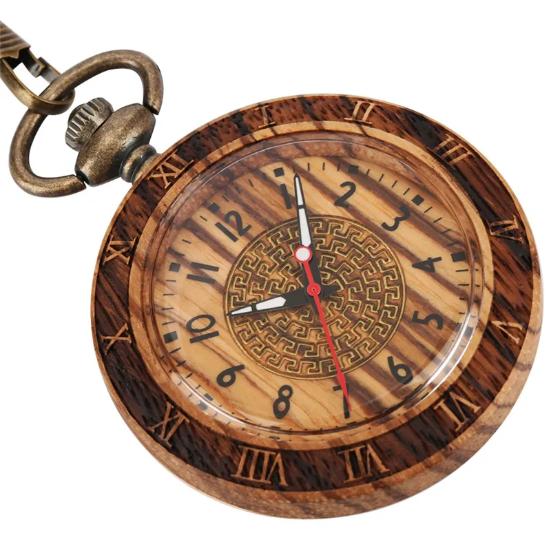 Retro Pocket Watch Nature Wood Watches Unisex Arabic Number Quartz Movement Clock with Luminous Hands 30Cm Pendant Chain Gift