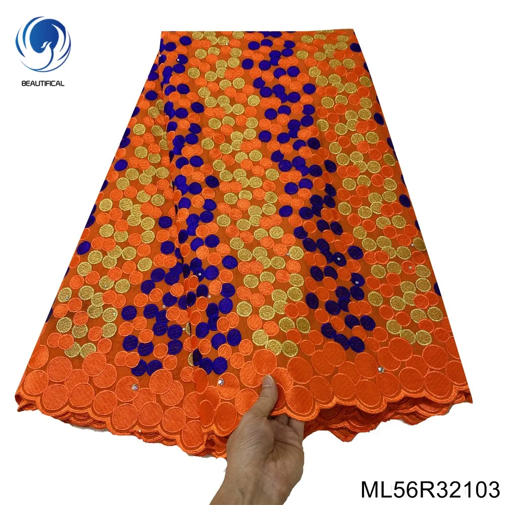 

Новинка 2023, популярная африканская кружевная ткань, оранжевое нигерийское платье, высококачественное швейцарское Тюлевое платье из 100% хлопка с вышивкой блестками, ML56R321
