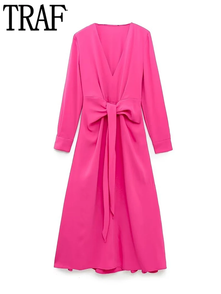 

TRAF Rose Bow Long Dress Woman Winter Pleated Midi Dresses for Women Long Sleeve Chic Party Dresses Ladies Going Out Dress Women