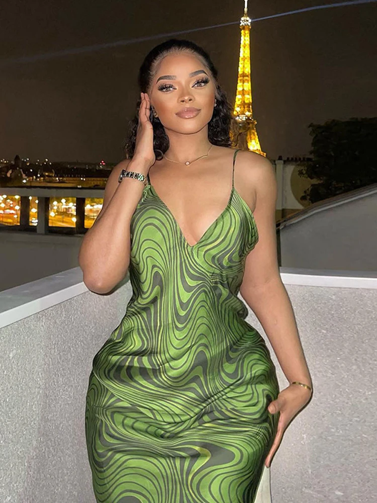 

Stripe Print Midi Dress For Women Spaghetti Strap Dresses Sexy V-neck Backless Green Summer 2022 Vintage Elegant Clothing New