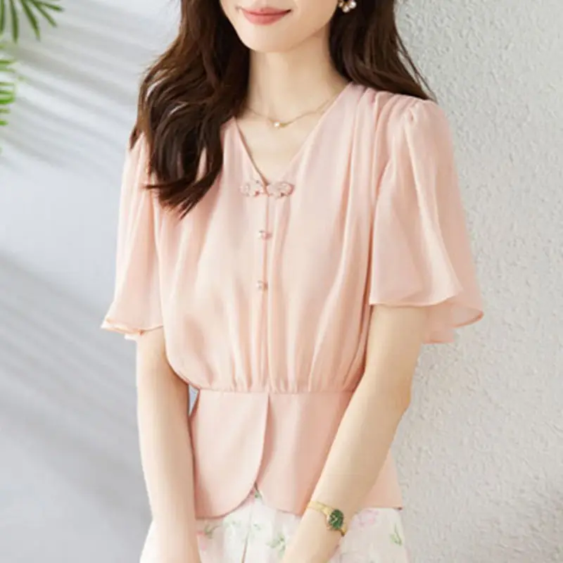 

2023 Summer Women's Clothing New Tray Button Solid Color Pullover Shirt Elegant V-neck Zipper Short Sleeved Chiffon Slim Blouses