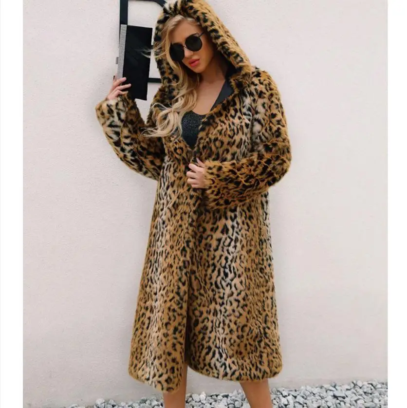 Autumn and Winter New Women's Fur Coat Fashion Street Fashion Throwing Hat Leopard Long Coat Loose Versatile Windbreaker