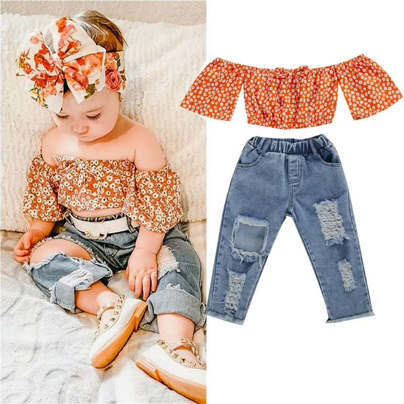 

Baby Girl Clothes Set Floral Printed Off-Shoulder Crop Tops Ripped Jeans Pants 9M-5T Toddler Kids Children Summer Casual Outfits
