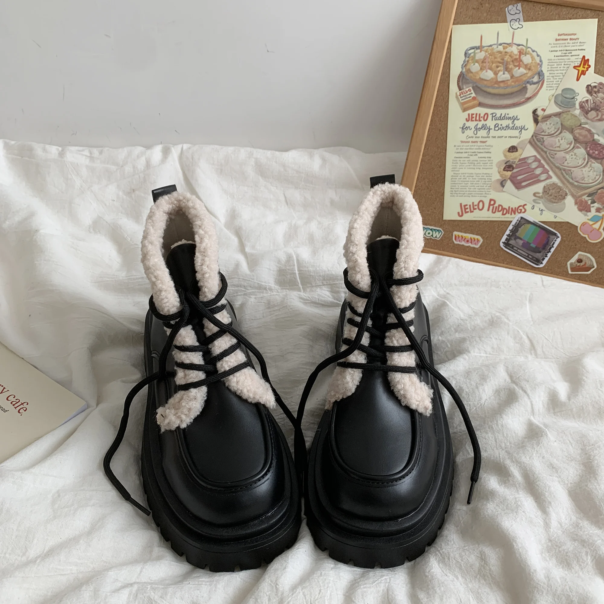 

Shoes Snow Boots For Women Winter Footwear Round Toe Lace Up Flat Heel Boots-Women Ladies 2022 Med Rock Lolita Rubber Black PU R