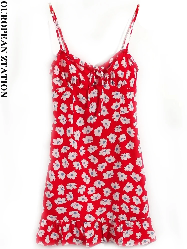 

PAILETE Women fashion french with ties fitted floral print mini dress vintage backless zipper thin straps female dresses vestido