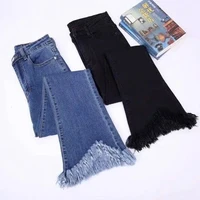 2021 spring frayed micro flare jeans womens spring large size high waist thinning fringed stretch cropped pants
