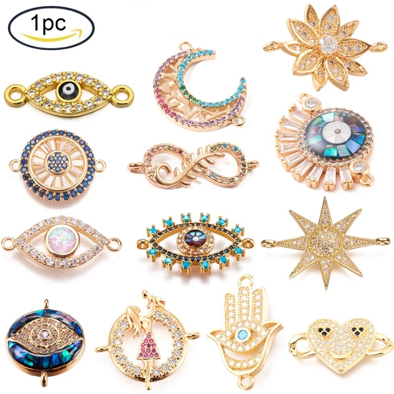 

1PC 20.5x16x4mm Flat Round Brass Micro Pave Cubic Zirconia Links Evil Eye Golden Hole: 1mm For Jewelry Bracelet Earrings Making