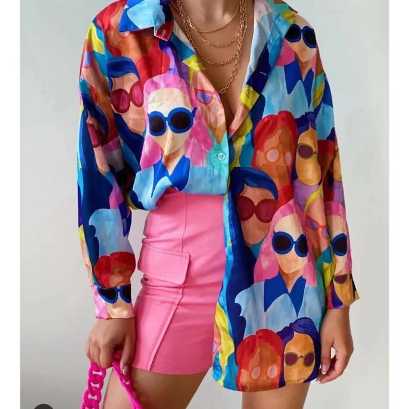 

2023 Long Sleeve Women's Printed Midi Shirt Blouses for Women Fashion for Summer