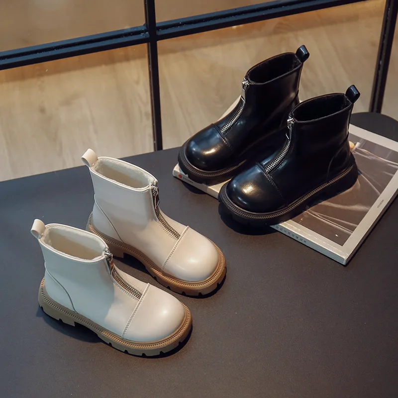

Высокие детские ботинки, зима 2022, модные сапоги из искусственной кожи на молнии спереди, Молодежные повседневные короткие сапоги для девоче...