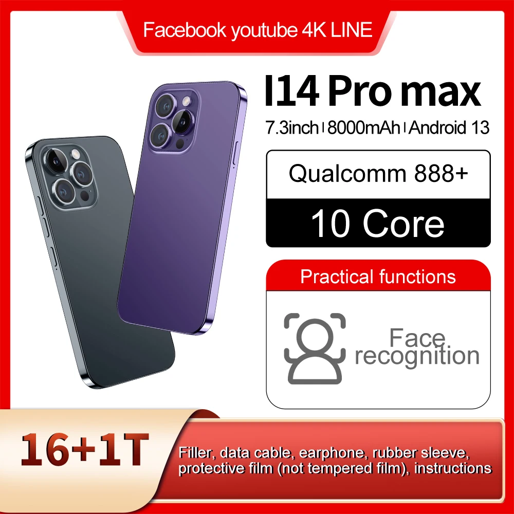 

New i14 Pro Max Smartphone 7.3 inch Full Screen 7000mAh 50MP+108MP Mobile Phones Global Version 4G 5G Cell Phone