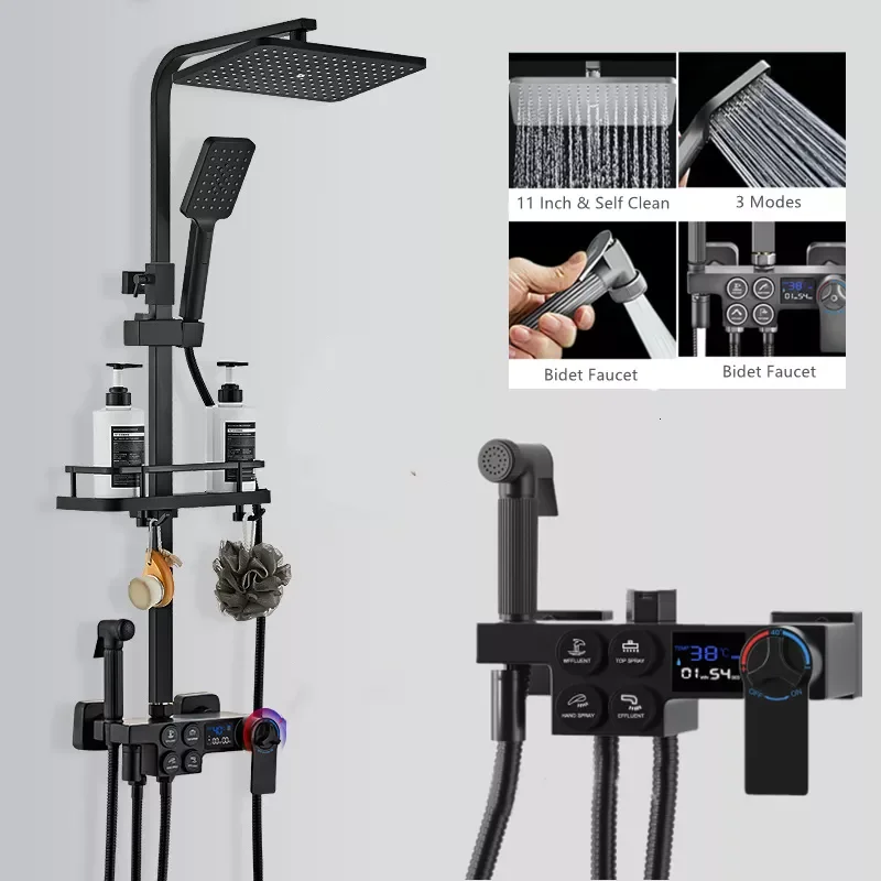 

Новинка 2023, набор черных дождевых смесителей для душа, кран для ванны с полкой для ванной комнаты, расход воды производит электрогенераторы