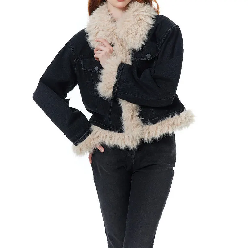 

Женская джинсовая куртка с меховым воротником, короткая хлопковая джинсовая куртка в стиле ретро, Осень-зима 2023