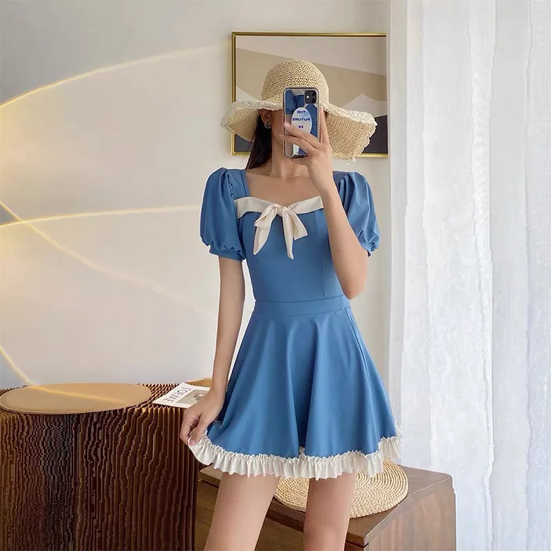 

One Piece Bathing Suits for Women Tummy Control Swimsuits Aesthetic Cute Puff Sleeve Bow Ruffled Dress Blue Red Black Swimwear