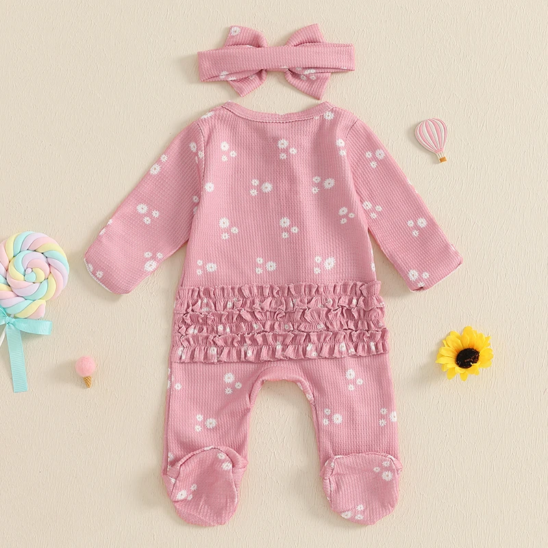 Baby Girls Autumn Jumpsuit Long Sleeve O Neck Footed Floral Romper with Headband