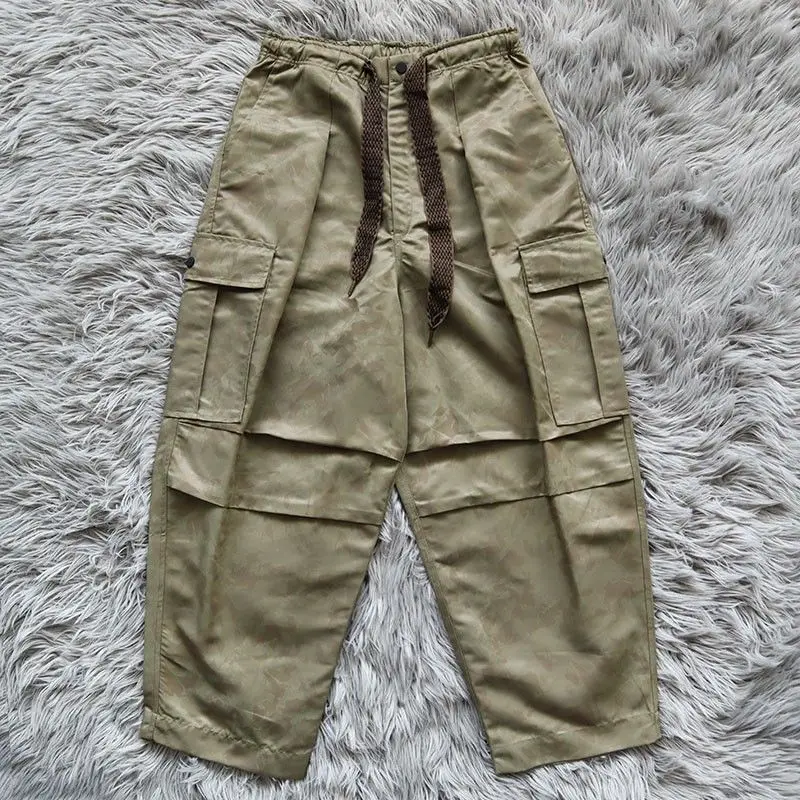 

Kapital 2023 Autumn New Army Green Camo Pleated Workwear Trousers with Elastic Drawstring Casual Loose Pants for Men and Women