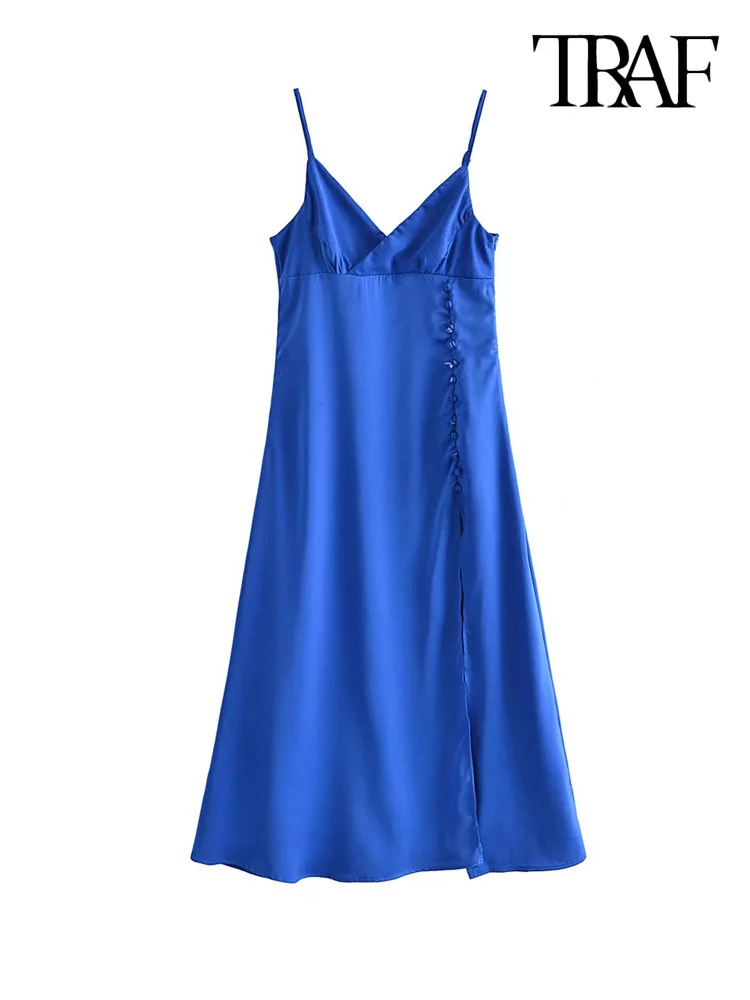 

Платье-миди атласное на пуговицах, с разрезом спереди и открытой спиной