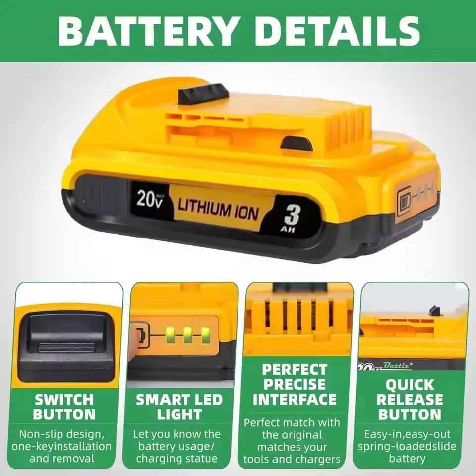 18Volt 20V DCB203 Li-ion Battery 3.0Ah For Dewalt Max Tools DCB205 DCB206 DCB204 DCB200 DCB182 DCB180 DCB230 DCD DCF DCG Series