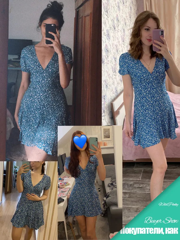 Фото Платье WildPinky женское голубое пляжное с цветочным принтом, сарафан-трапеция в стиле бохо с оборками, элегантный вечерний мини, лето 2022 №2