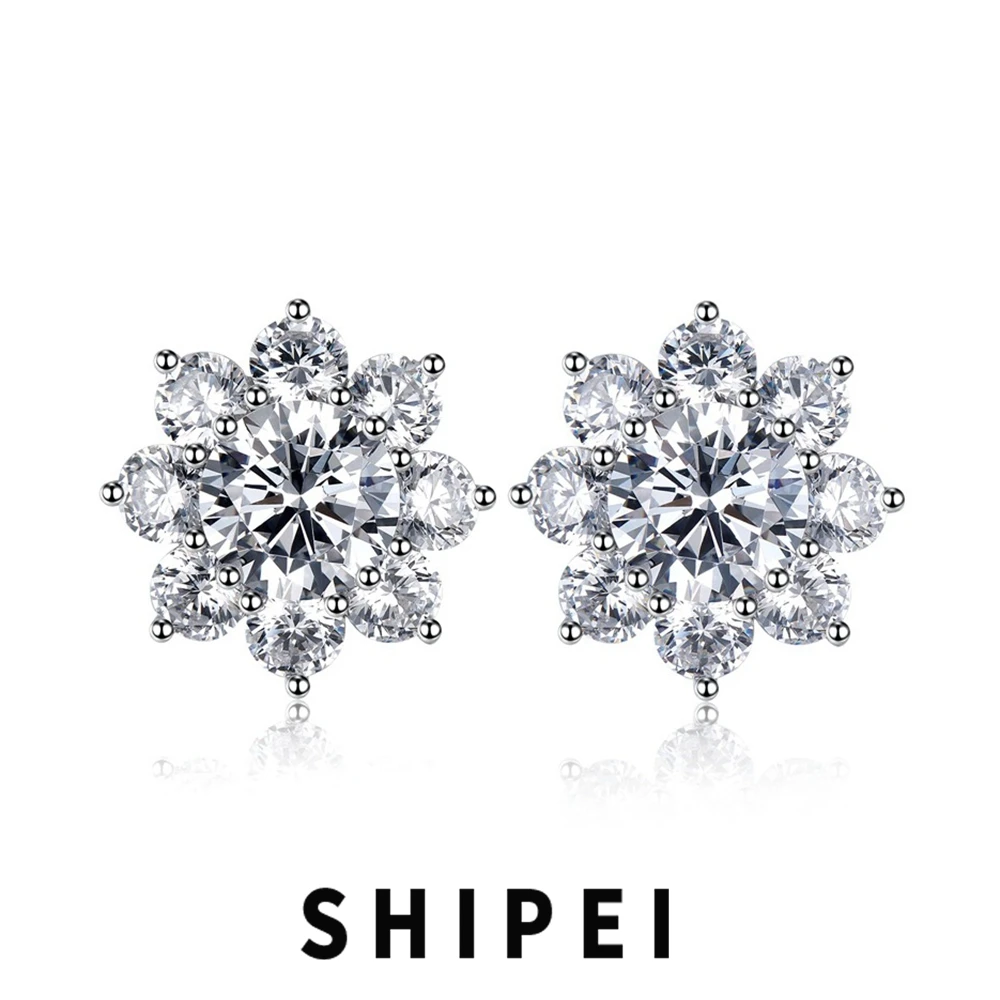 

SHIPEI Solid 925 Sterling Silver 8MM Flowers White Sapphire Gemstone Fine Jewelry 18K Gold Plated Ear Stud Earrings Wholesale