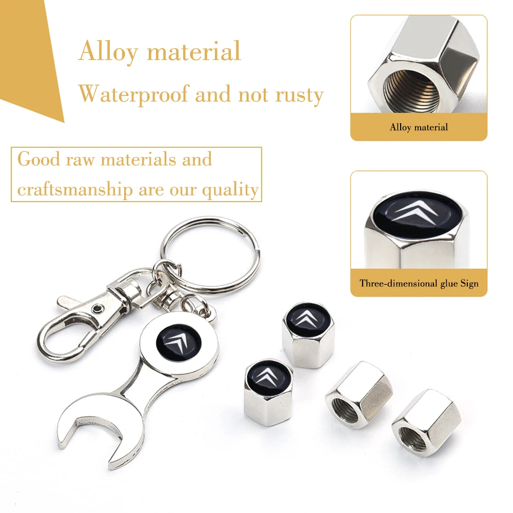 

4Pcs Auto Valve Caps Wrench Keychain Key Ring Metal Wheel Parts Car Repair Tool For Citroen C4 C1 C5 C3 C6 C5 C8 DS Berlingo C-E