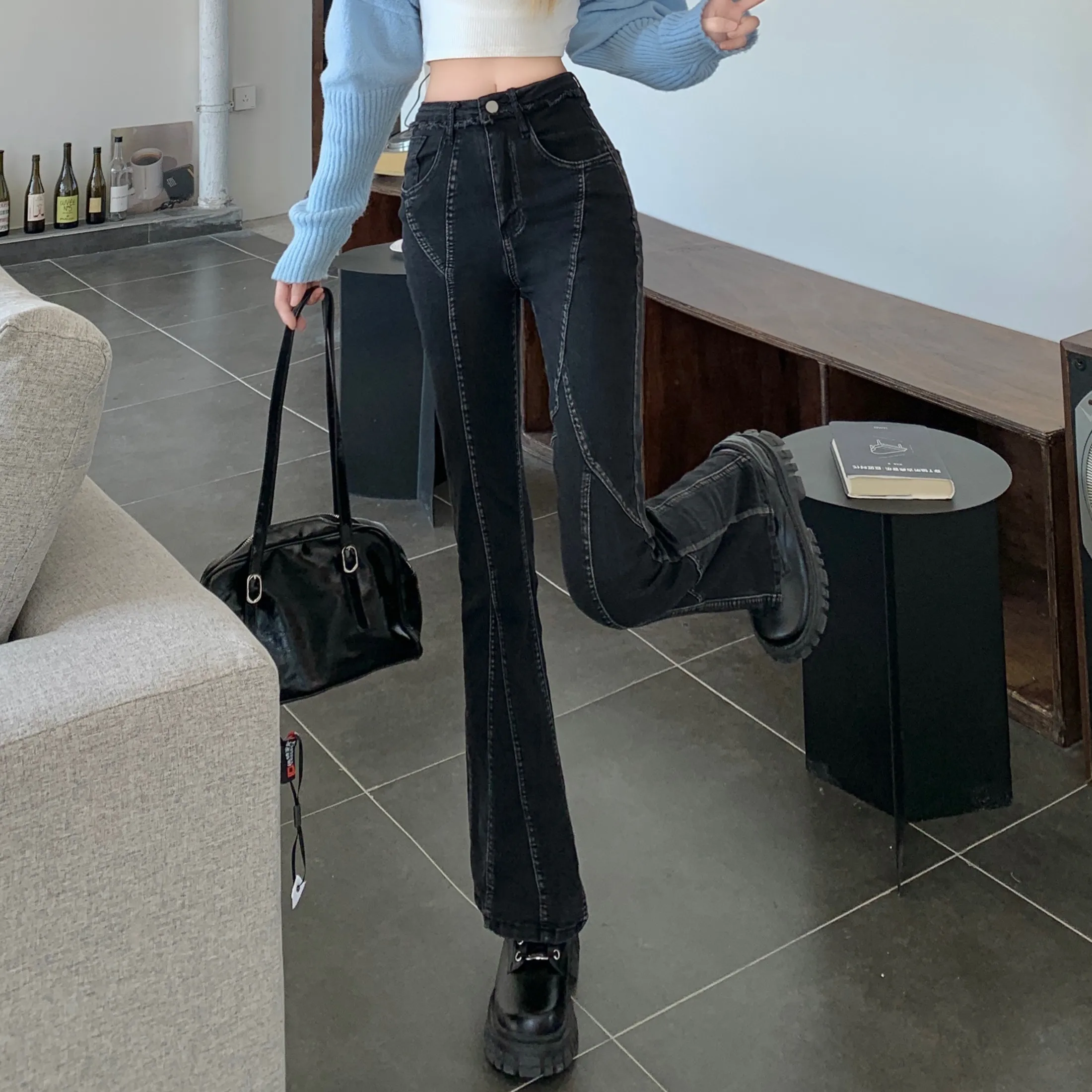 Ripped High Waisted Jeans for Women Korean Fashion Trends Patchwork Clothes Teenage Flare Denim Pant Vintage Streetwear Trousers