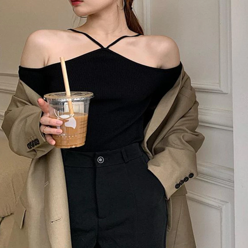 

Новинка 2022, топ с открытыми плечами, Женский весенне-летний облегающий вязаный свитер с длинными рукавами и лямкой на шее