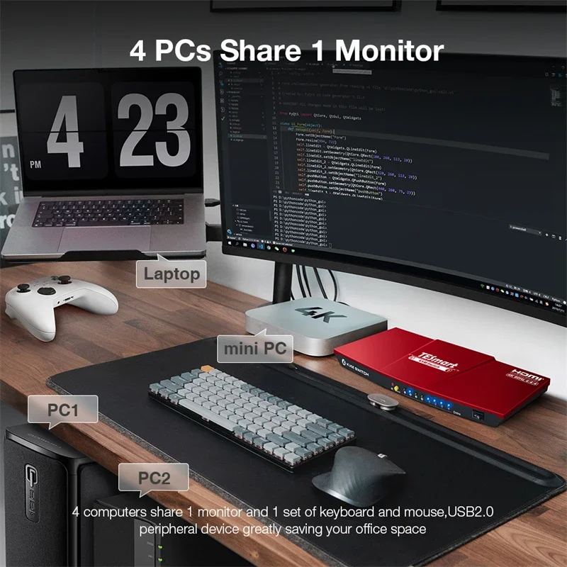 Фото TESmart 4-портовый KVM-переключатель HDMI 4K60Hz с EDID, поддержка 4 ПК и 1 монитора, USB 2.0, аудиовыход, KVM-переключатели 4x1 №5