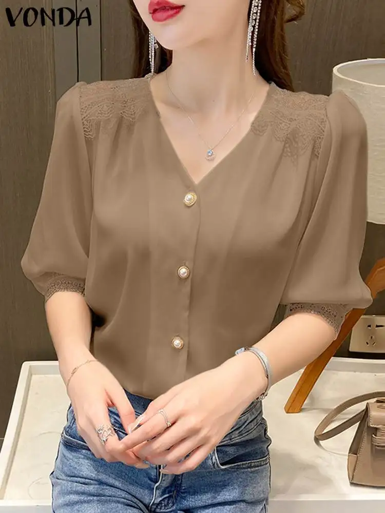 

2023 VONDA Elegant Women Party Blouse Lace Patchwork Shirts Summer Half Puff Sleeve Sexy V-Neck Casual Solid Blusas Stylish Tops