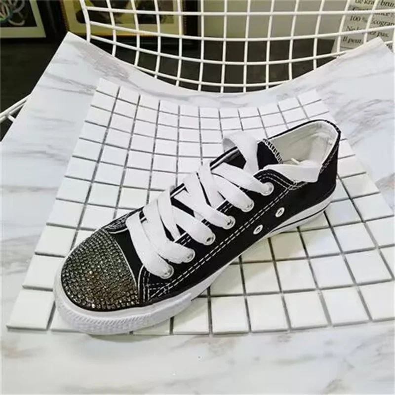 

Thick bottom waterproof table handmade custom canvas shoes sweet rhinestones lace-up low-top casual sports shoes women's 35-40