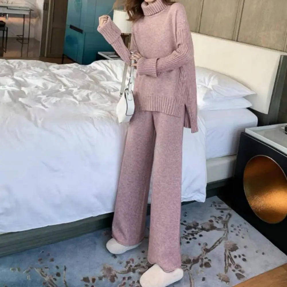 

2Pcs/Set Women Sweater Set Lady Autumn Winter Turtleneck Sweater Straight Wide Leg Pants Set Winter Solid Color Knitting Outfit
