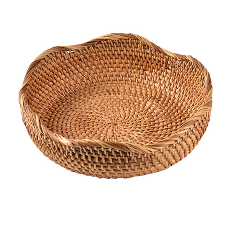 

Round Food Storage Basket Fruit Bread Hand-Woven Tea Dessert Serving Plate Kitchen Household Desktop Tray