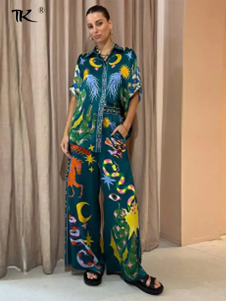 

Women Loose Print Chiffon Pants Sets Turn-down collar Single Breasted Short Sleeves T-shirt High Waist Lace Up Wide Leg Trousers