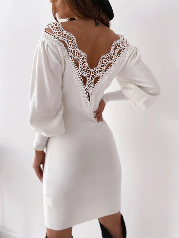 

Новинка весна-лето 2023, модное сексуальное однотонное платье с открытой спиной, кружевные приталенные женские платья с V-образным вырезом и д...