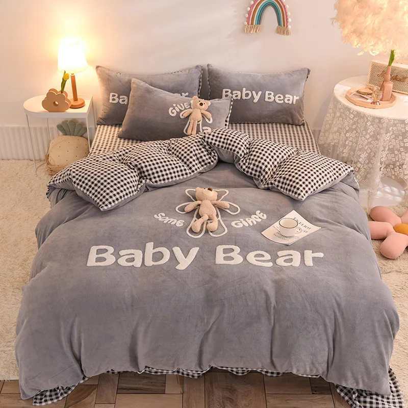 

Warm Soft Velvet Flannel Fleece Cute Stereoscopic Toy Bear Bedding Double Duvet Cover Set Bed Sheet Pillowcases Home Textile
