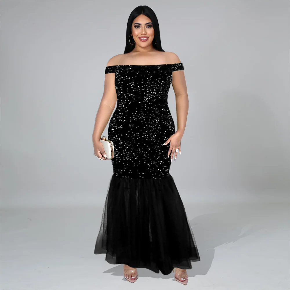 

Party Dresses Plus Size Fat Up Sequin Mesh Stitching Skirt Hem Fashion Sexy Dress With Hanging Shoulder Sleeves Banquet Dres