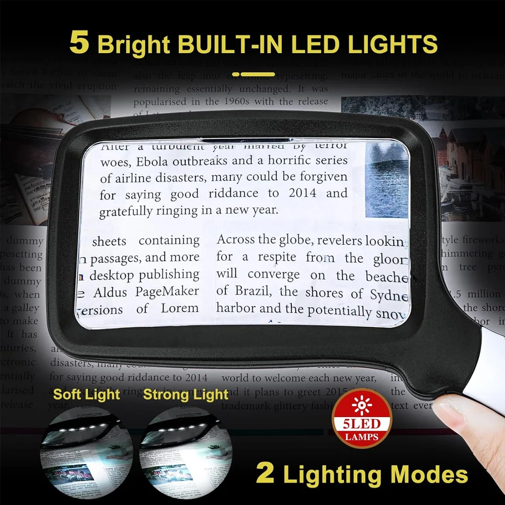 Складная ручная лупа с подсветкой 3-кратная большая прямоугольная для чтения со