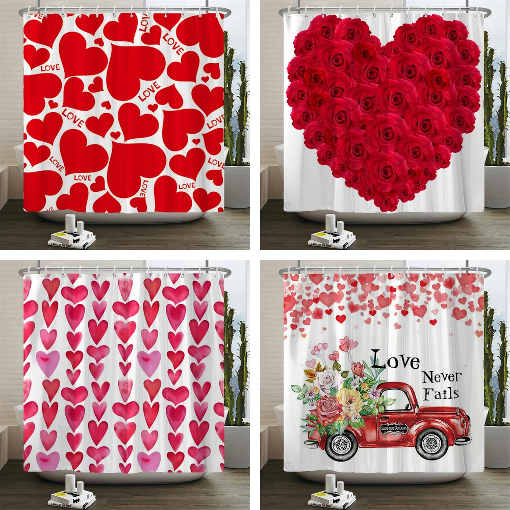 

Romantic love Heart Rose Print Shower Curtains Waterproof Polyester Fabric Valentine's day Decor Bathroom Curtain with Hooks