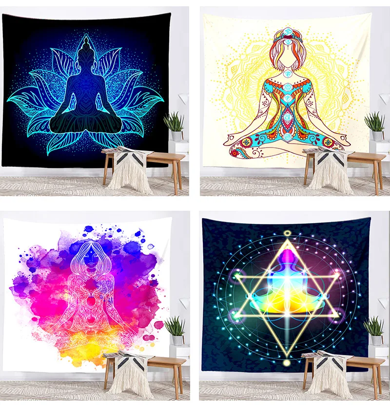 

3D Mushroom Printing Indoor Yoga Meditation Tapestry, 7 Chakra Wall Hanging, Indian Buddha Psychedelic Cloth, Mandala
